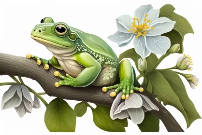 Green Frog on Branch with Flowers: An Intricate Animal Illustration