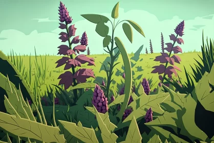 Nature Illustration in Bold Palette: Grassy Field with Purple Flowers