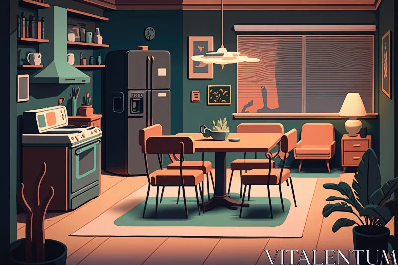Romantic Mid-Century Kitchen Illustration AI Image