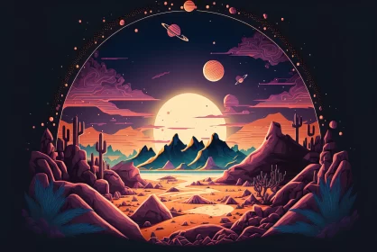 Abstract Desert Landscape with Planets and Spaceships