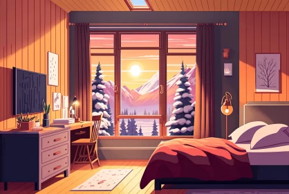Cozy Winter Bedroom with Mountain View in Cartoon Realism