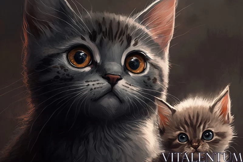 Cute Cartoonish Art Painting of Two Gray Cats AI Image