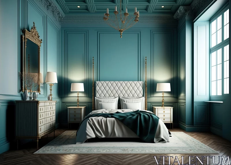 Luxurious Bedroom Design in Blue and Gold - Neoclassical Style AI Image
