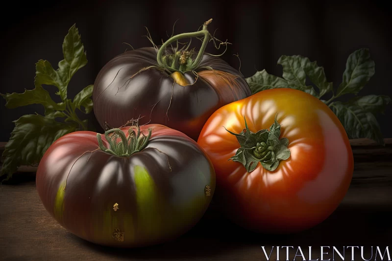 Three Tomatoes on a Dark Table: A Study in Color and Detail AI Image