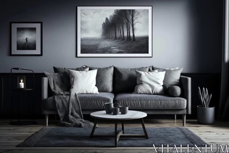 Monochromatic Minimalist Living Room Interior with Pastoral Charm AI Image