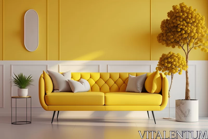 Photorealistic Interior Design - Yellow Room with Sofa and Plant AI Image