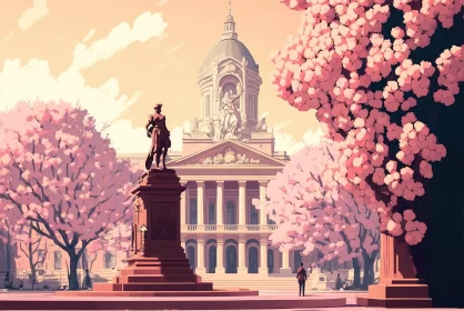 Spring Cityscape with Cherry Blossoms and Baroque Influences