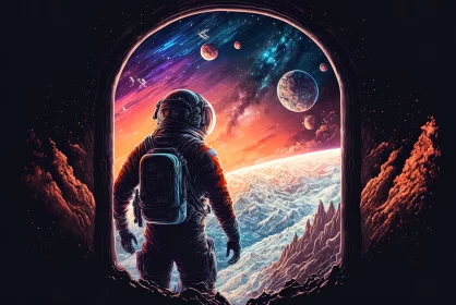 Astronaut's Cosmic Journey - Multicolored Universe Exploration AI Image