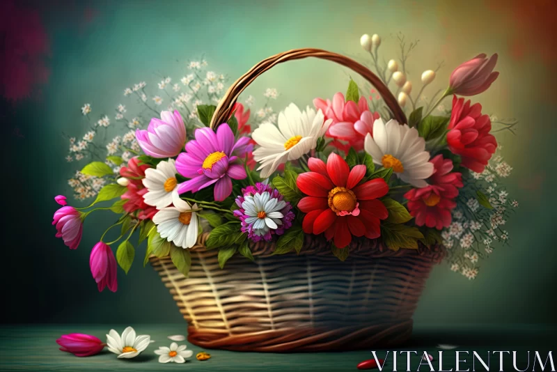 Fantasy Artwork of Colorful Flowers in Old Basket AI Image