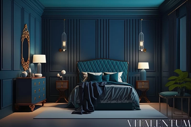 AI ART Luxurious Blue Bedroom in Neoclassical and Art Deco Style