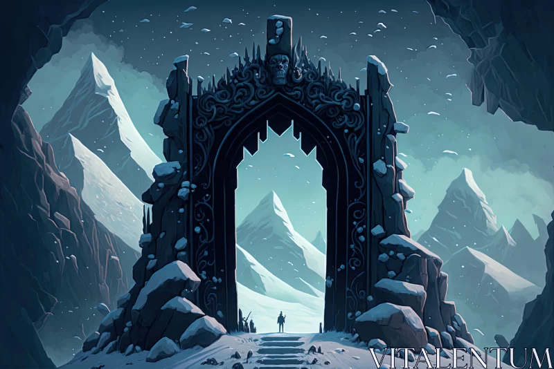 Mysterious Stone Gate in Snowy Landscape - Gothic Illustration AI Image