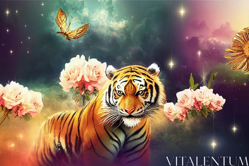 Tiger Amidst a Vibrant Landscape: A Dreamlike Visual Experience AI Image