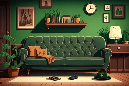 Vintage Academia Cartoon Illustration of Green Sofa in Living Room