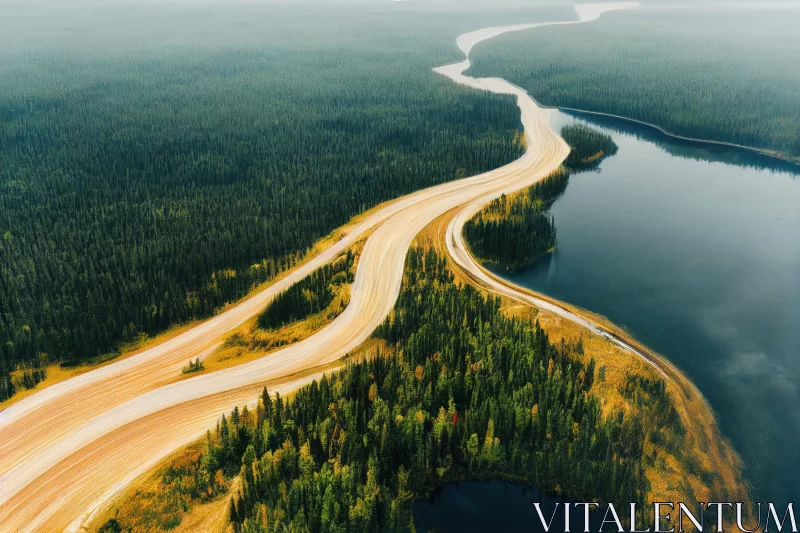 Aerial View of Road Through Forests and Lake AI Image