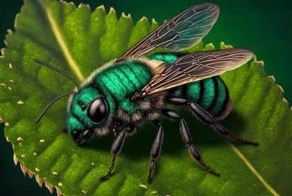 Green Bee on Leaf: Precisionist Art Illustration AI Image