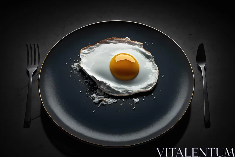 Monochrome Breakfast: Glossy Fried Egg on Black Plate AI Image