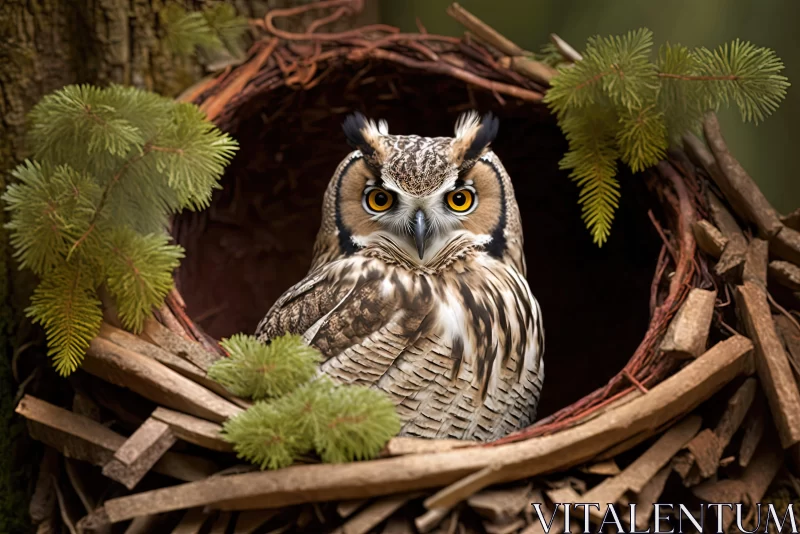 Owl Nesting in Nature: A Detailed Portraiture AI Image