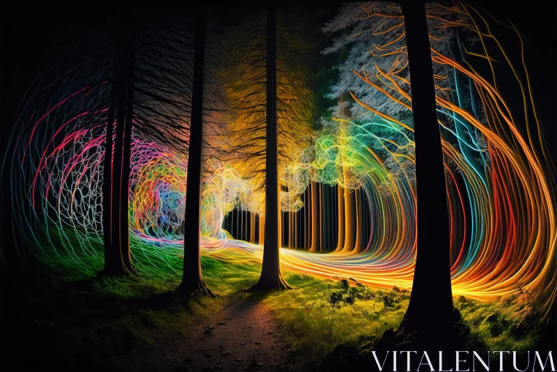 Colorful Light Streaks in the Forest - Night Photography AI Image