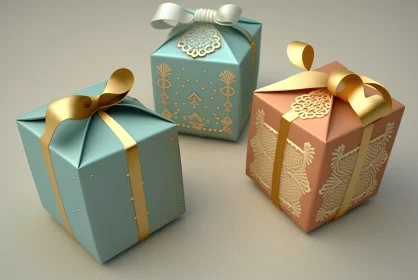 Delicate 3D Rendered Gift Boxes with Gold and Blue Details AI Image