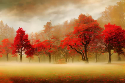 Misty Red Forest: Romantic Fantasy meets Dreamy Landscapes AI Image