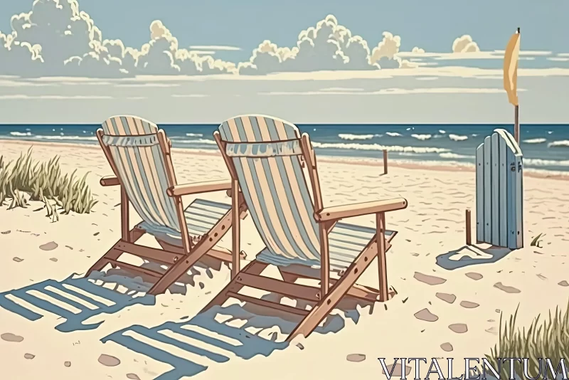Serene Beach Chairs Illustration: Retro Nostalgic Art AI Image