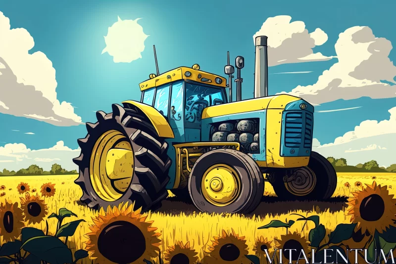 Vintage Cartoon Tractor in Sunflower Field - Pop Art Illustration AI Image