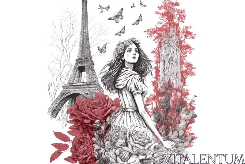 Vintage Paris Illustration: Girl and Eiffel Tower AI Image