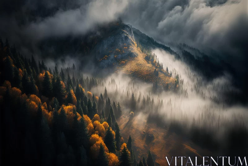 Autumn Mountain in Fog: A Poetic Pastoral Impression AI Image