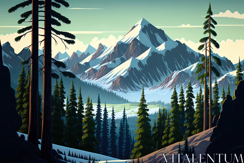 Detailed Mountain Landscape Illustration in Vintage Style AI Image