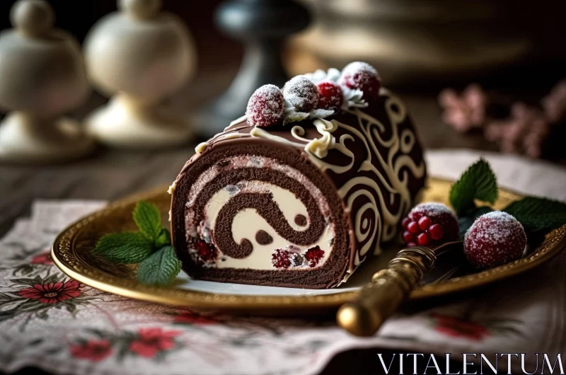 Elegant Chocolate and Cranberry Christmas Roll in Monochrome AI Image