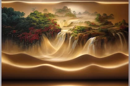 Fantasy Landscape: Chinese Waterfall Painting in Golden Light AI Image