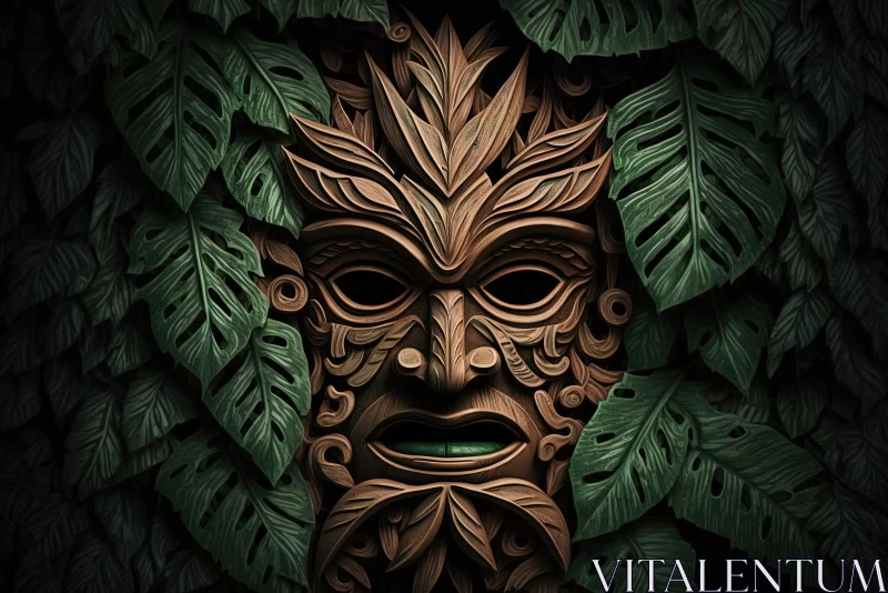 Tropical Oceanic Art: Tree Mask in Leaves AI Image