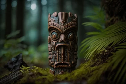Intricate Tiki Statue in Rainforest - Handcrafted and Tattoo-Inspired