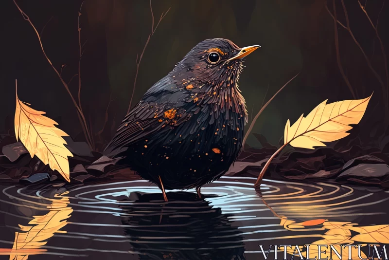 Black Bird on Wet Leaf: A Study in Realism AI Image