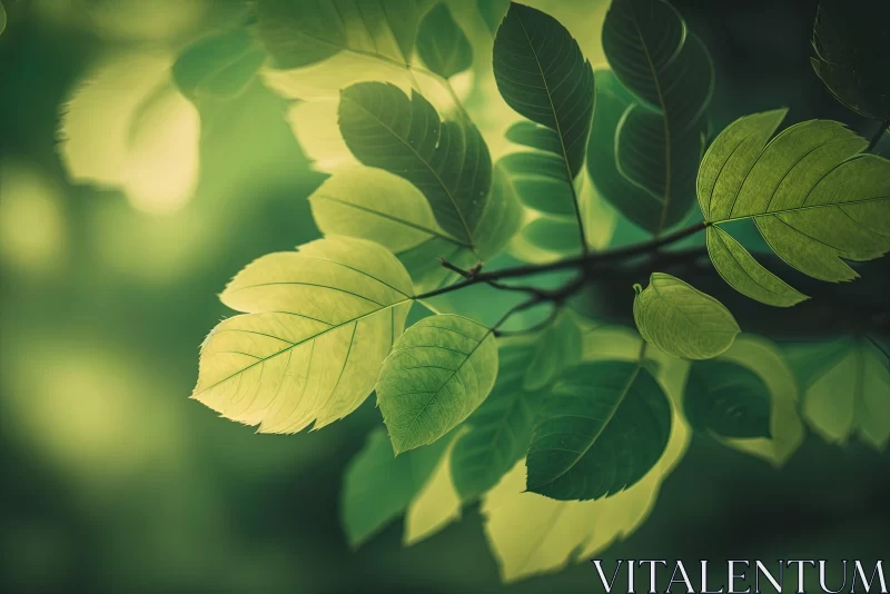 AI ART Sunlit Green Leaves on Branches - Retro Style Eco-friendly Craftsmanship