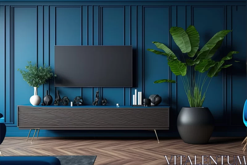 3D Rendered Minimalist Living Room with Blue Walls and Dark Furniture AI Image