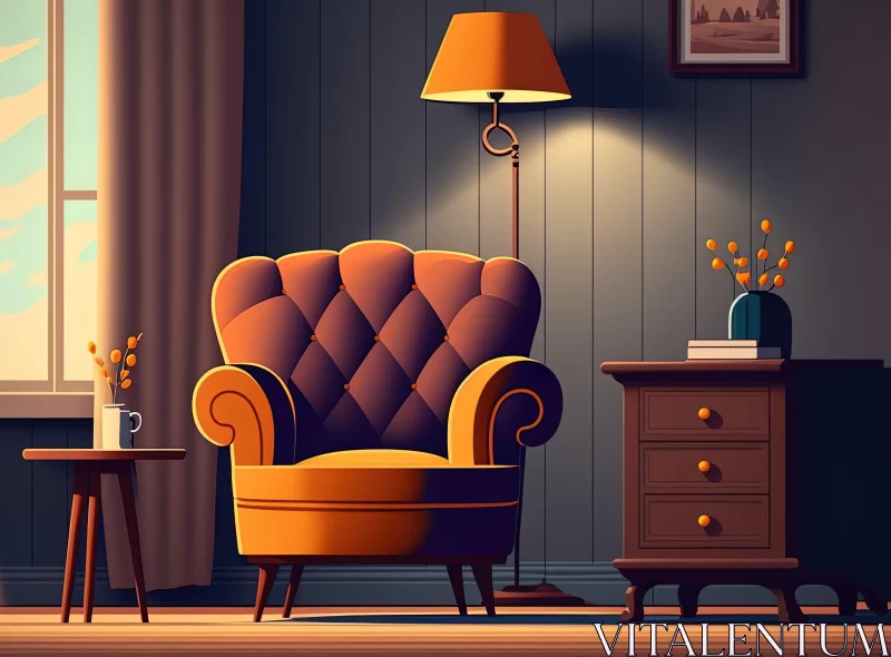 Amber-Toned Cartoon Room with Armchair and Lamp AI Image
