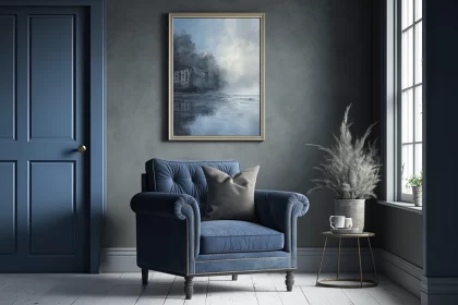 Moody Bedroom with Sea Blue Arm Chair and Abstract Painting