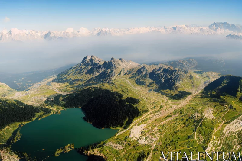 Aerial View of Mountain Top Panorama with Serene Lake AI Image