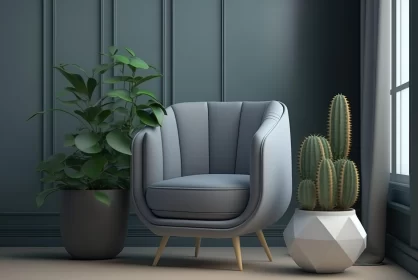 Art Deco Influenced Interior with Grey Chair and Plants