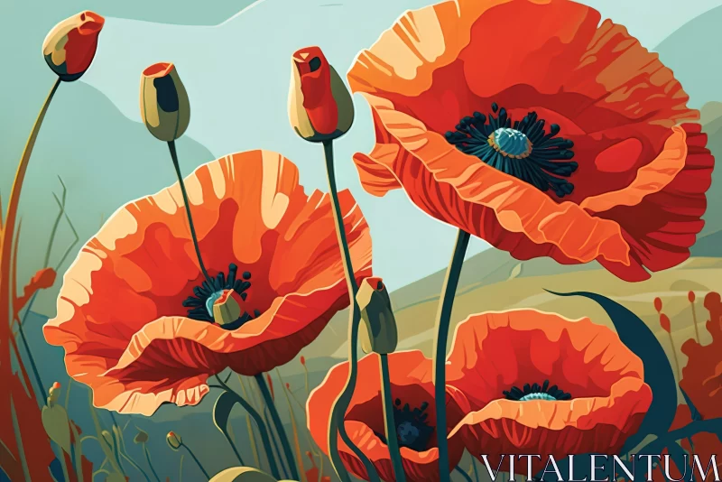 Art Nouveau Inspired Illustration of Red Poppies AI Image