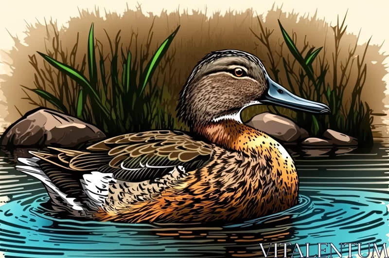 Graceful Duck Swimming in a Stream - Nature-Inspired Illustration AI Image