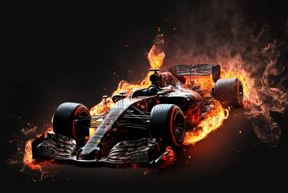 Fiery Racing Car on Black Background: A Fusion of Realism and Surrealism AI Image