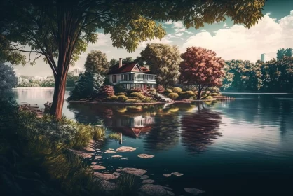Nostalgic House by the Lake - A Psychedelic Realism Art