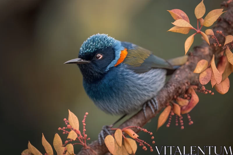 Small Blue Bird on Branch Amidst Colorful Leaves AI Image