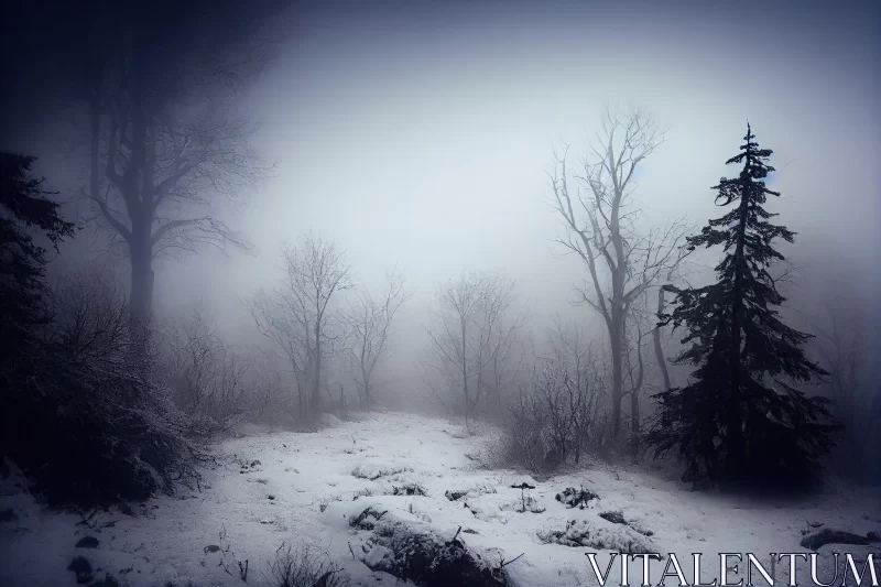 Eerie Winter Fog Over Snow-Covered Forest AI Image