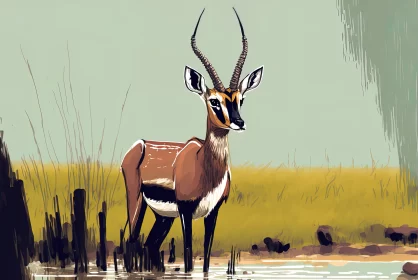 Antelope at Watering Hole: A Congo Art Inspired Illustration