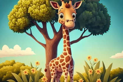 Detailed Cartoon Giraffe by Tree - Childhood Arcadias Game Art AI Image