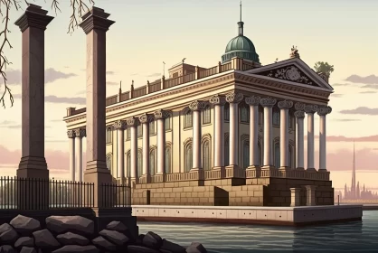 Neoclassical Architecture in Anime Art - Serene Waterside Setting
