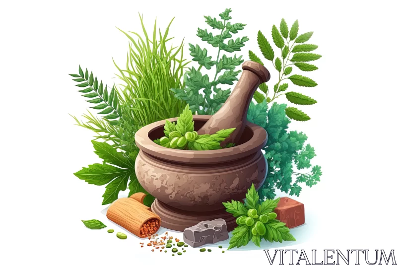 Herbs and Spices in Mortar and Pestle Amidst Nature AI Image